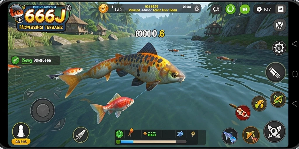 Screenshot gameplay 666J menampilkan aksi memancing yang menarik.