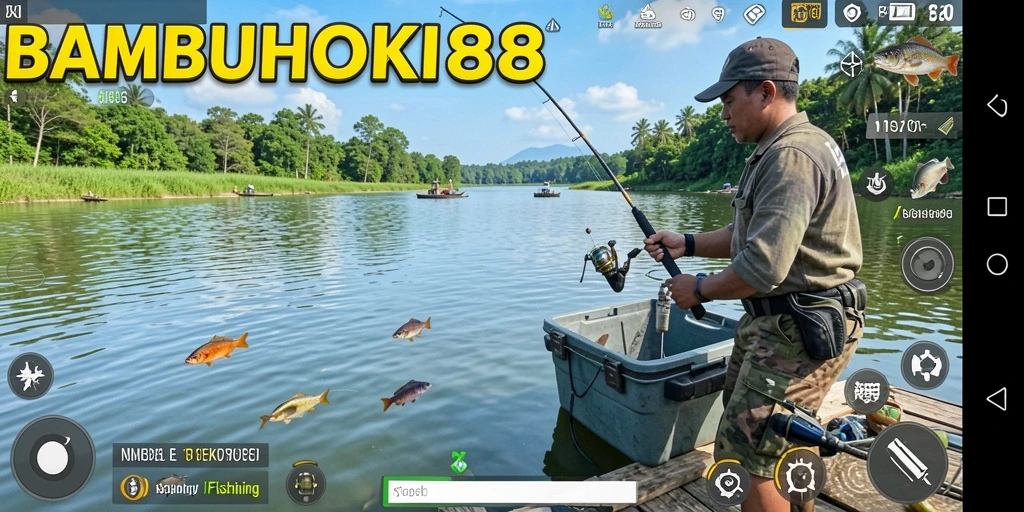 Tangkapan layar gameplay BAMBUHOKI88 saat memancing di tepi danau yang indah.