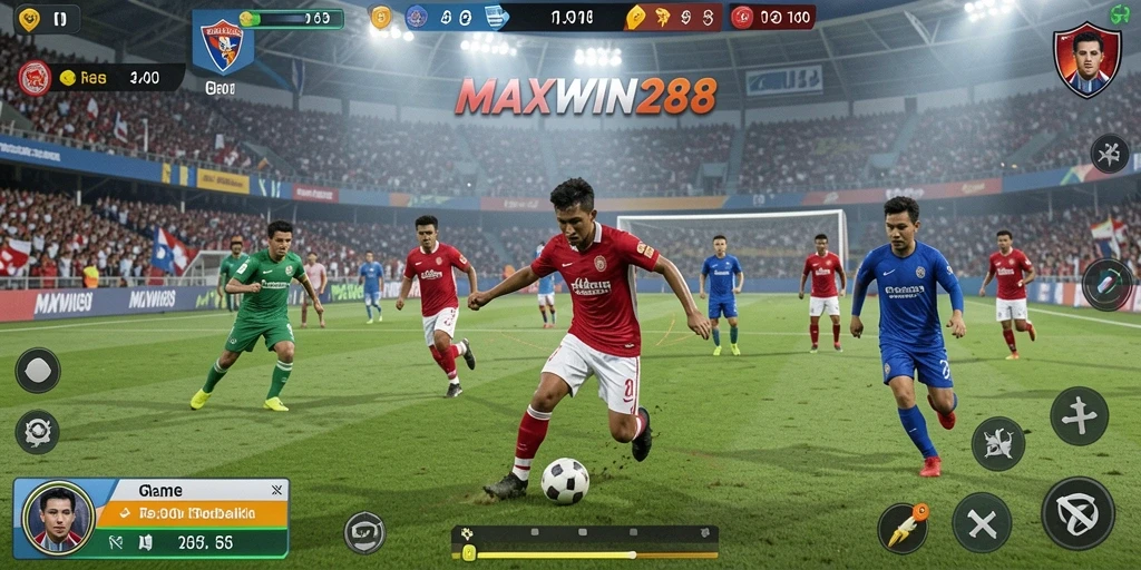 Tangkapan layar gameplay <strong>MAXWIN288</strong> yang menampilkan aksi sepak bola intens.