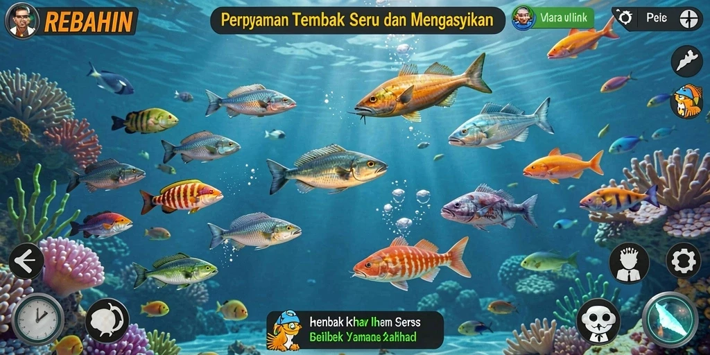 Tangkapan layar gameplay REBAHIN dengan aksi Tembak Ikan yang seru.