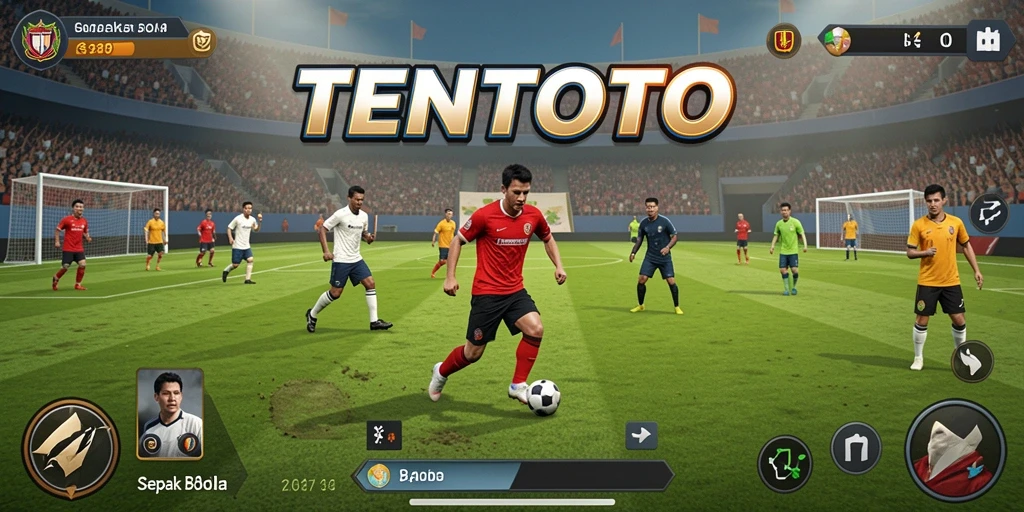 Tampilan menarik dari gameplay TENTOTO dengan aksi sepak bola seru.