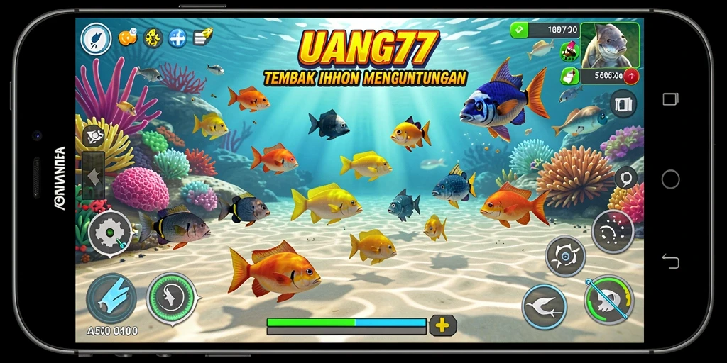 Tampilan gameplay seru dalam UANG77 saat menembak ikan.