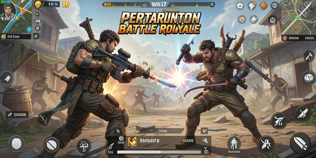 Screenshot gameplay W67 menunjukkan aksi seru dalam pertempuran Battle Royale.